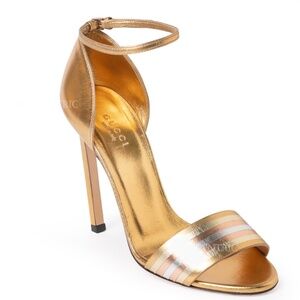 Gucci Gold & Silver Leather Ankle Strap Sandals, Size 40